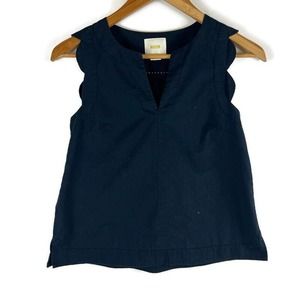 Anthropologie Maeve Shirt Womens 0 Black Blouse V Neck Scalloped